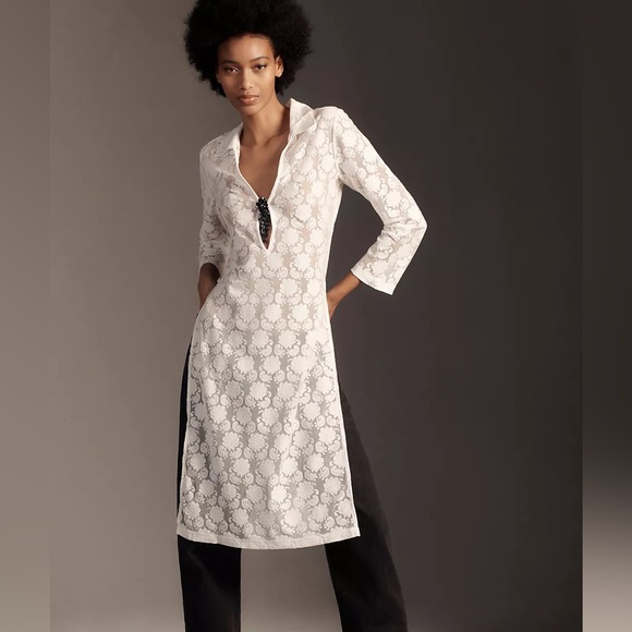 Anthropologie Long-Sleeve Sheer Lace Longline Top Shirt Blouse Size XXS NWT - Picture 2 of 12